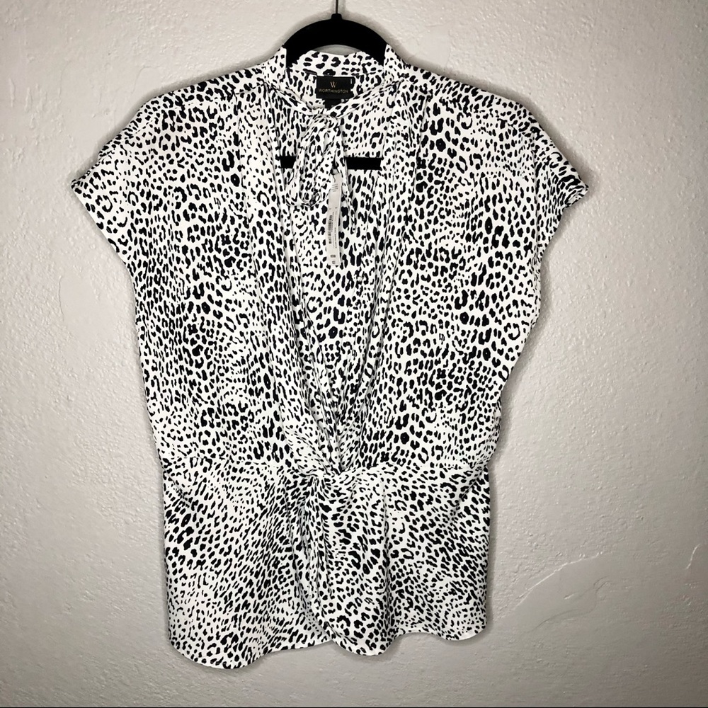 Worthington Animal Print V Neck Pussy Bow Blouse
